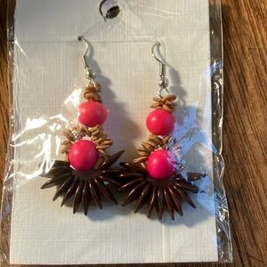 Artisan Pink and‎ Brown Boho Wooden Bead Starburst Dangle Earrings